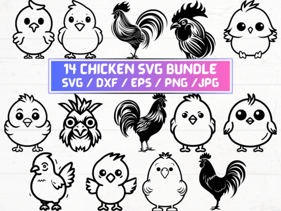 14 Chicken SVG, DXF, EPS, JPG, PNG for Crafts & Graphics