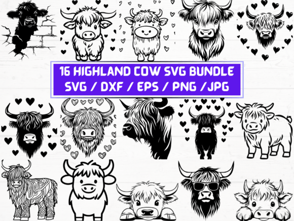 16 Highland Cow SVG Bundle: Graphics for Crafts